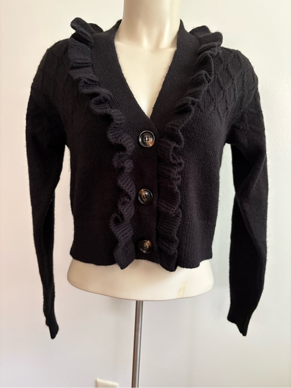 Elie Tahari Ruffle Knit Cardigan Sweater Crop V-Neck Black Size S/P